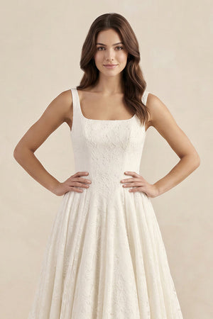 Lace A - Line Square Neck Wedding Dress With Train in Ivory - KissProm Wedding Dresses