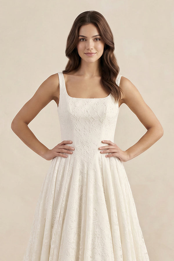 Lace A - Line Square Neck Wedding Dress With Train in Ivory - KissProm Wedding Dresses