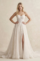 Lace A - Line Sweetheart Corset Wedding Dress With Slit in Ivory - KissProm Wedding Dresses