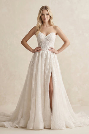 Lace A - Line Sweetheart Corset Wedding Dress With Slit in Ivory - KissProm Wedding Dresses