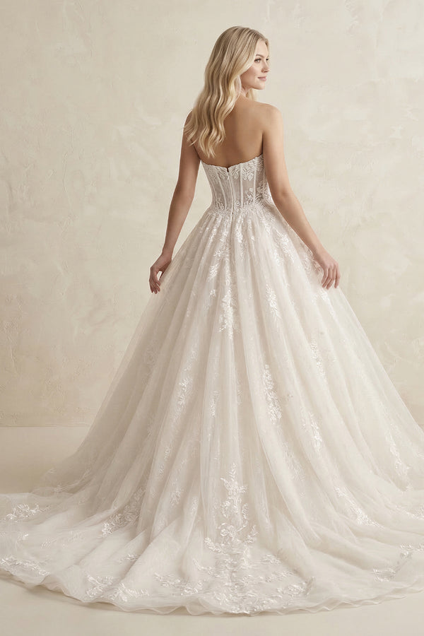 Lace A - Line Sweetheart Corset Wedding Dress With Slit in Ivory - KissProm Wedding Dresses