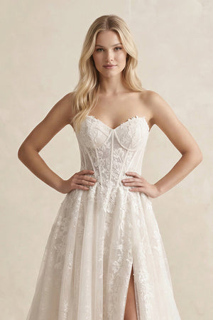 Lace A - Line Sweetheart Corset Wedding Dress With Slit in Ivory - KissProm Wedding Dresses