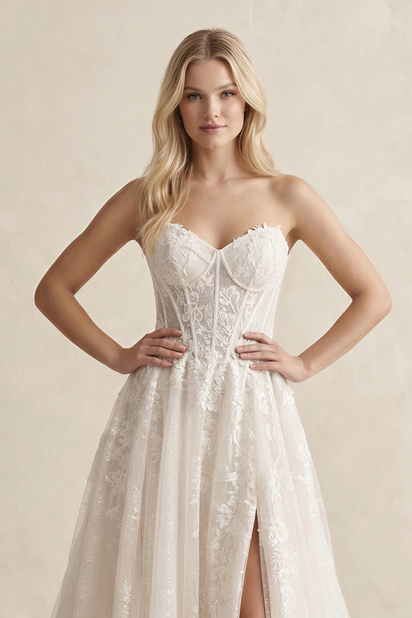 Lace A - Line Sweetheart Corset Wedding Dress With Slit in Ivory - KissProm Wedding Dresses