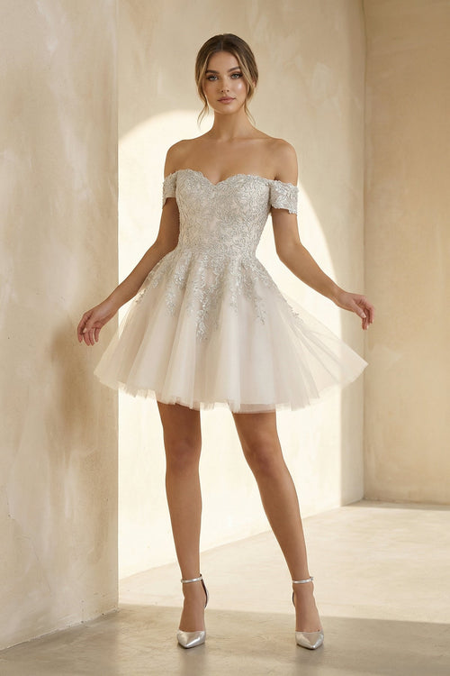 Lace Appliques A - Line Mini Wedding Dress in Ivory - KissProm Wedding Dresses