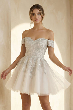 Lace Appliques A - Line Mini Wedding Dress in Ivory - KissProm Wedding Dresses