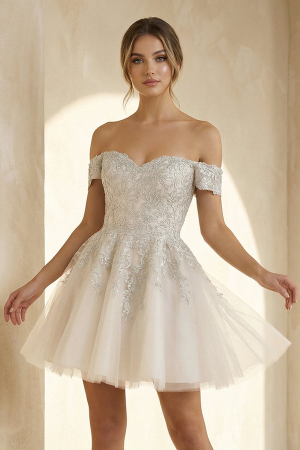 Lace Appliques A - Line Mini Wedding Dress in Ivory - KissProm Wedding Dresses