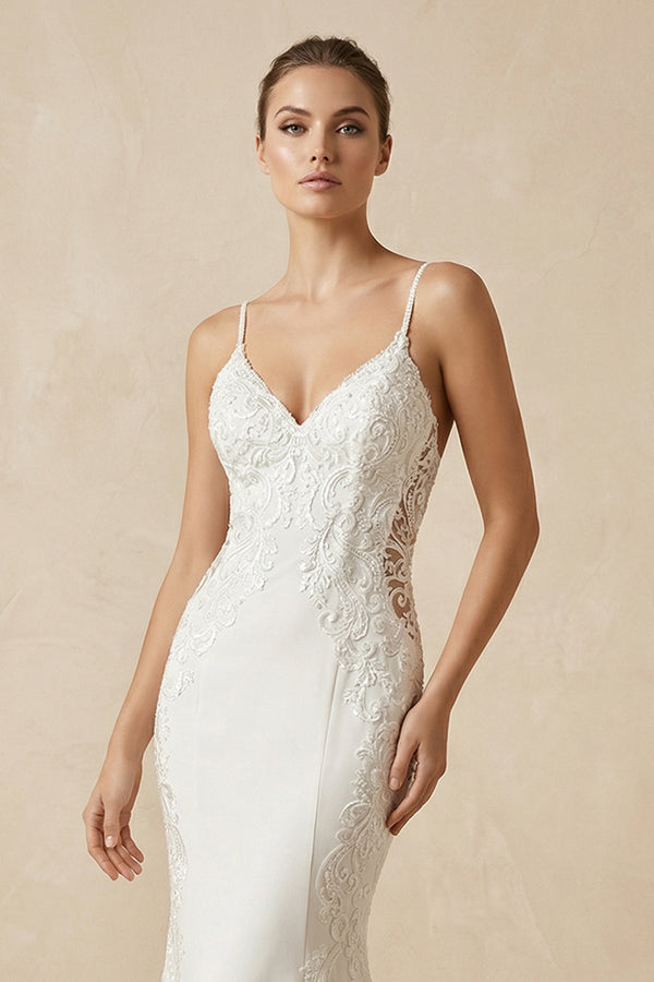 Lace Cami Strap Mermaid Wedding Dress in Ivory - KissProm Wedding Dresses
