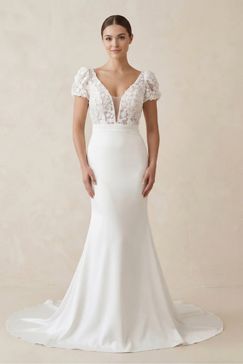 KissProm Lace Cap Sleeve Satin V-Neck Mermaid Wedding Dress in White, White / 28