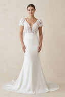 Lace Cap Sleeve Satin V - Neck Mermaid Wedding Dress in White - KissProm Wedding Dresses