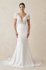 Lace Cap Sleeve Satin V - Neck Mermaid Wedding Dress in White - KissProm Wedding Dresses