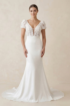 Lace Cap Sleeve Satin V - Neck Mermaid Wedding Dress in White - KissProm Wedding Dresses