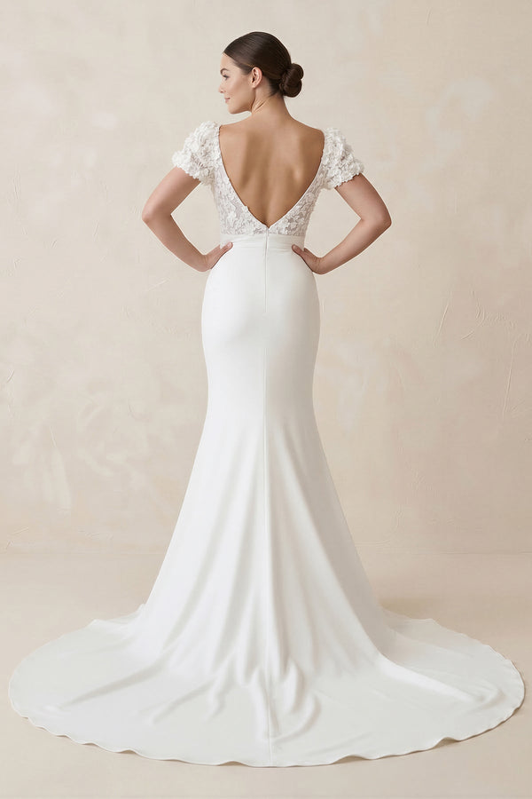 Lace Cap Sleeve Satin V - Neck Mermaid Wedding Dress in White - KissProm Wedding Dresses