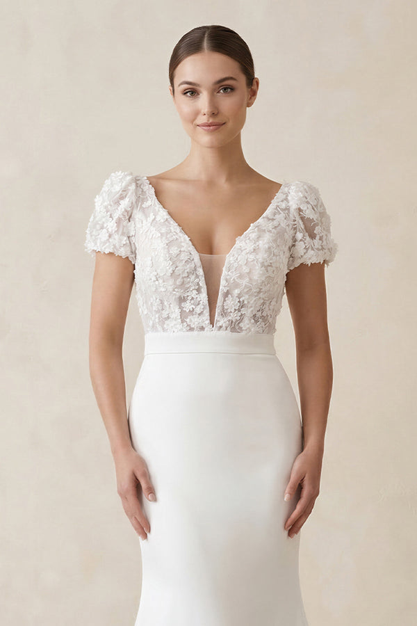 Lace Cap Sleeve Satin V - Neck Mermaid Wedding Dress in White - KissProm Wedding Dresses