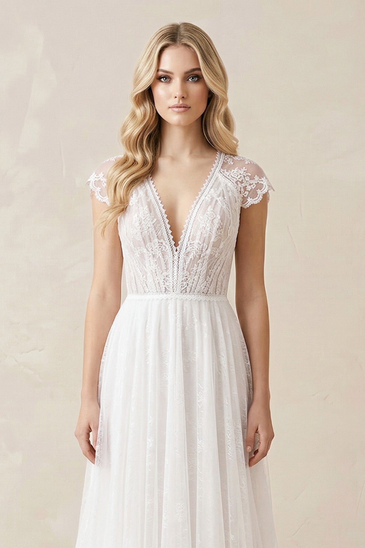 Casual A-line Backyard Tulle Long Wedding Dresses with Cap Sleeves Diamond White / 16