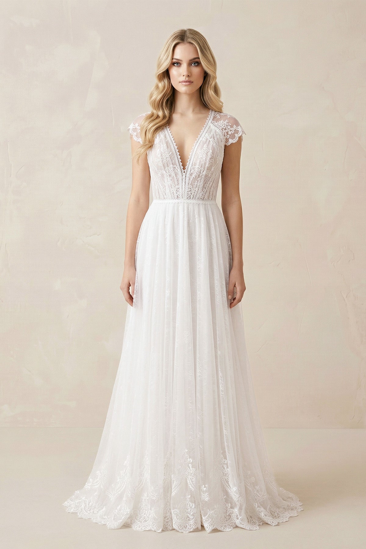 KissProm Casual A-line Backyard Tulle Long Wedding Dresses with Cap Sleeves, Diamond White / 16