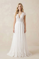 Casual A-line Backyard Tulle Long Wedding Dresses with Cap Sleeves – Wedding Dresses by KissProm | Available at KissProm