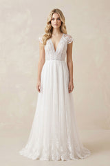 Casual A-line Backyard Tulle Long Wedding Dresses with Cap Sleeves – Wedding Dresses by KissProm | Available at KissProm