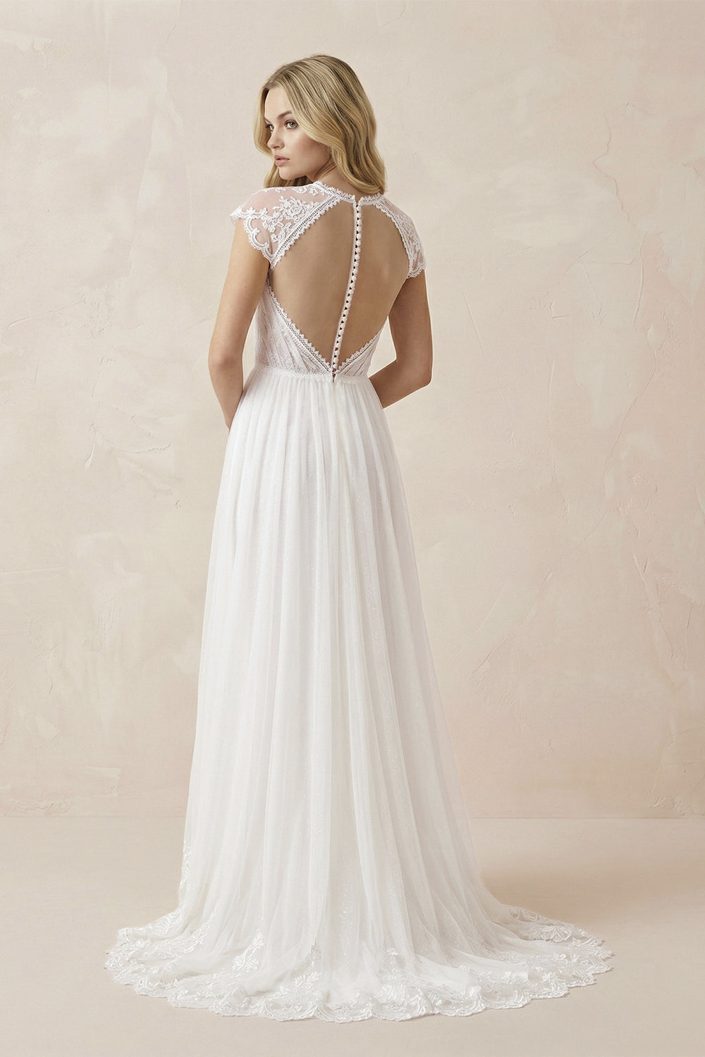 Casual A-line Backyard Tulle Long Wedding Dresses with Cap Sleeves – Wedding Dresses by KissProm | Available at KissProm