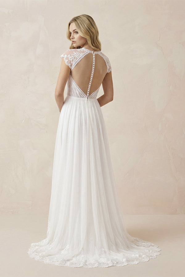 Casual A-line Backyard Tulle Long Wedding Dresses with Cap Sleeves – Wedding Dresses by KissProm | Available at KissProm