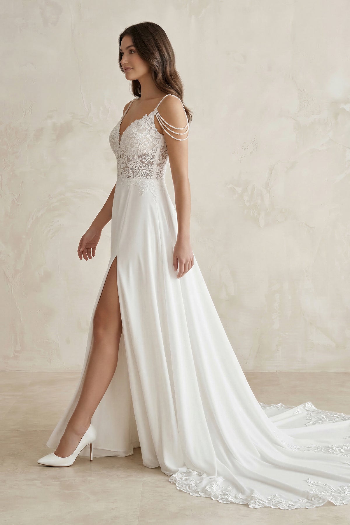 KissProm A-Line V-Neck Sweep Train Wedding Dress With Lace Split Front, Diamond White / 6