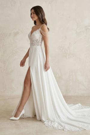 A-Line V-Neck Sweep Train Wedding Dress With Lace Split Front – Wedding Dresses by KissProm | Available at KissProm