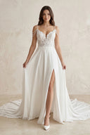 A-Line V-Neck Sweep Train Wedding Dress With Lace Split Front – Wedding Dresses by KissProm | Available at KissProm