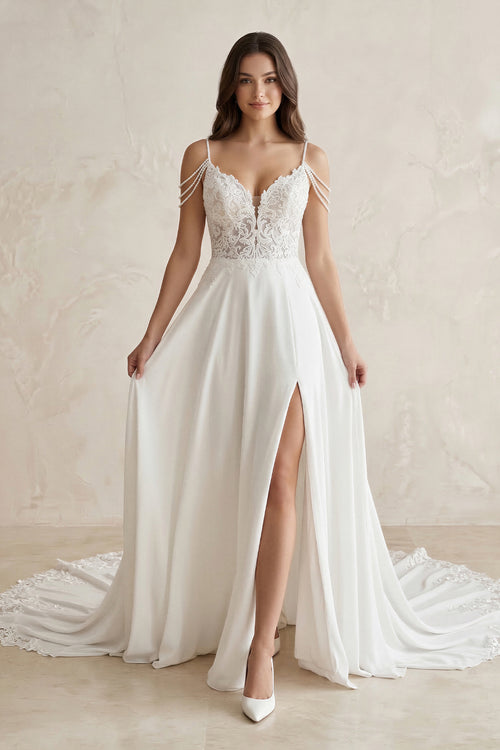 A-Line V-Neck Sweep Train Wedding Dress With Lace Split Front – Wedding Dresses by KissProm | Available at KissProm