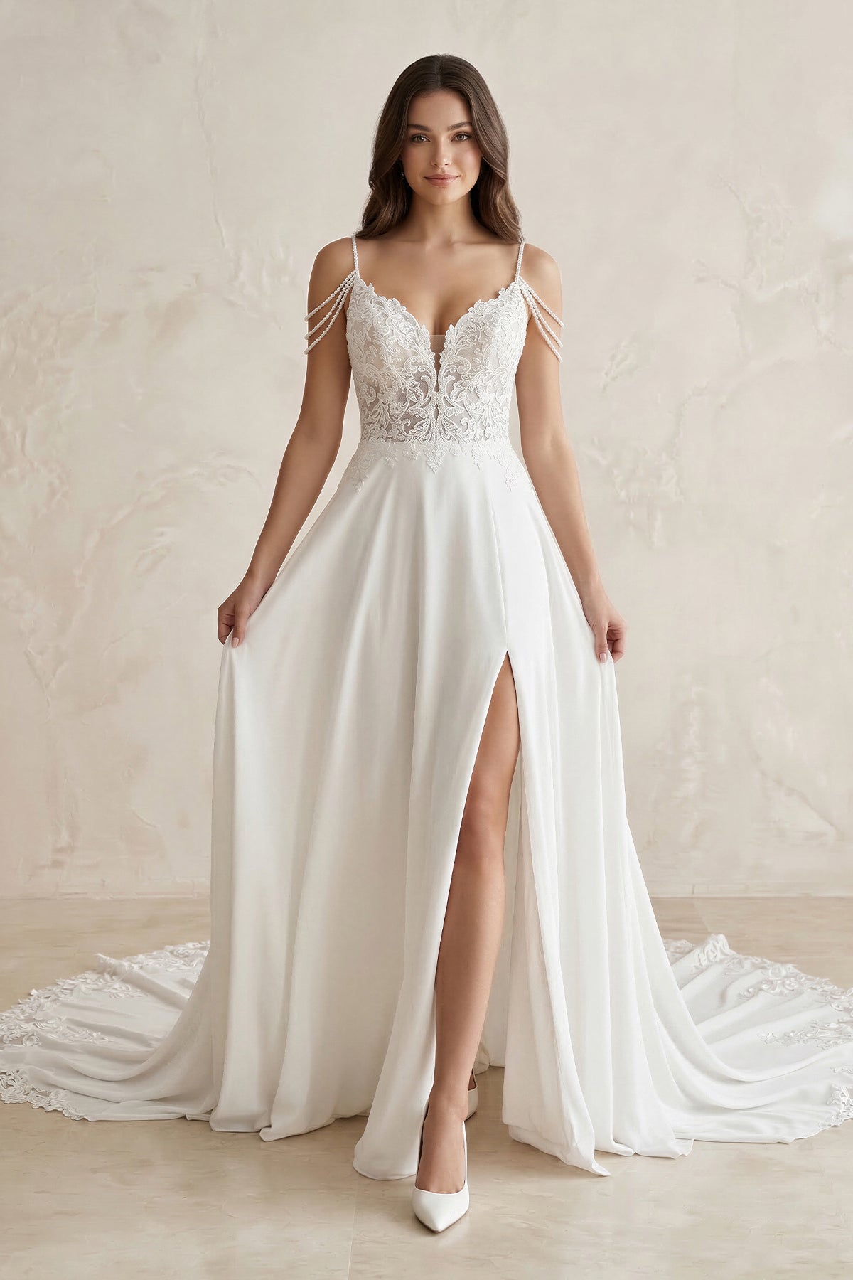 KissProm A-Line V-Neck Sweep Train Wedding Dress With Lace Split Front, Diamond White / 6
