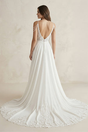 A-Line V-Neck Sweep Train Wedding Dress With Lace Split Front – Wedding Dresses by KissProm | Available at KissProm