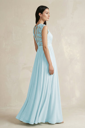 Lace Chiffon A-Line Round Neck Bridesmaid Dress in Sky Blue - KissProm BRIDESMAID DRESSES