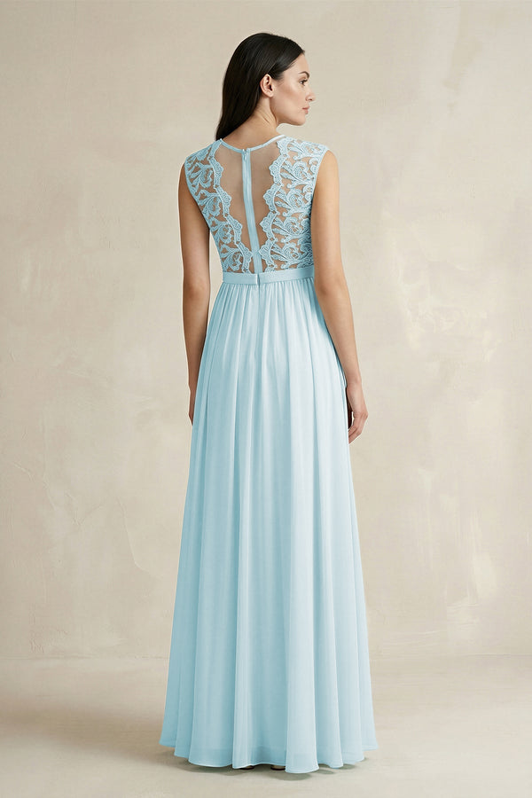 Lace Chiffon A-Line Round Neck Bridesmaid Dress in Sky Blue - KissProm BRIDESMAID DRESSES
