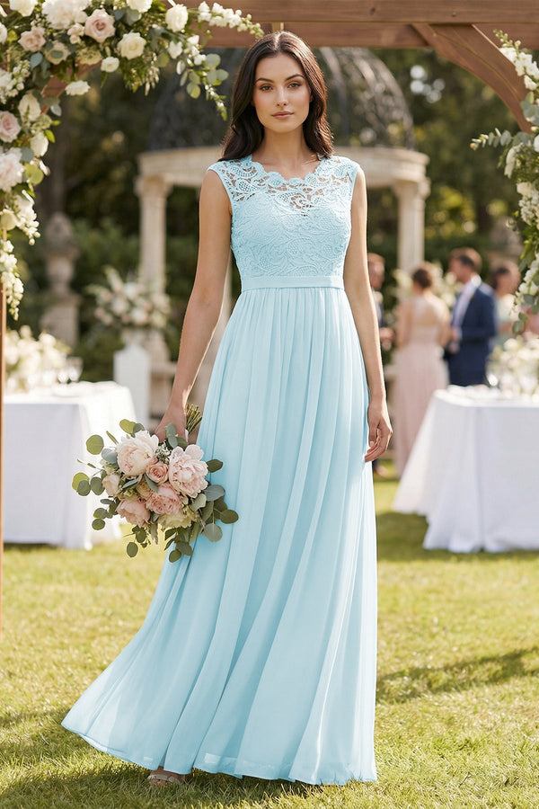 KissProm Lace Chiffon A-Line Round Neck Bridesmaid Dress in Sky Blue, Sky Blue / 14