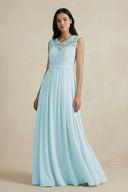 Lace Chiffon A-Line Round Neck Bridesmaid Dress in Sky Blue - KissProm BRIDESMAID DRESSES