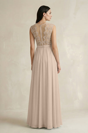 Lace Chiffon A - Line Round Neck Bridesmaid Dress in Almond - KissProm Bridesmaid Dresses