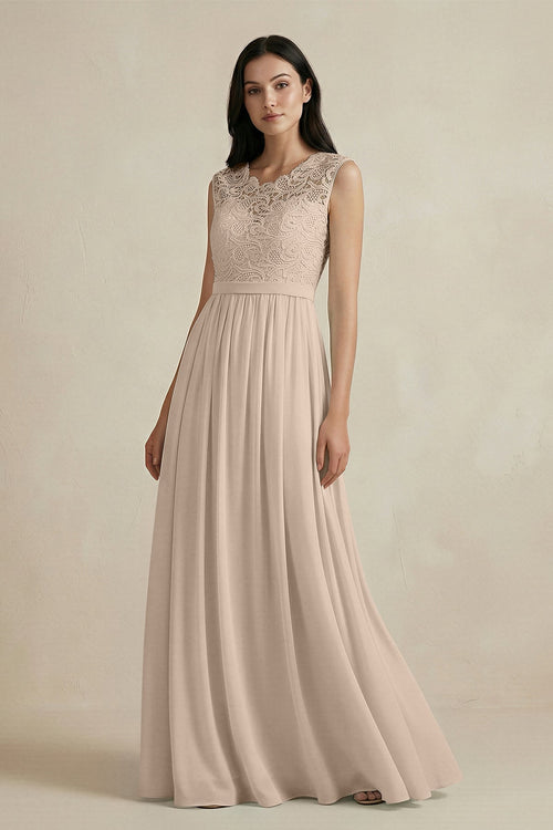 Lace Chiffon A - Line Round Neck Bridesmaid Dress in Almond - KissProm Bridesmaid Dresses