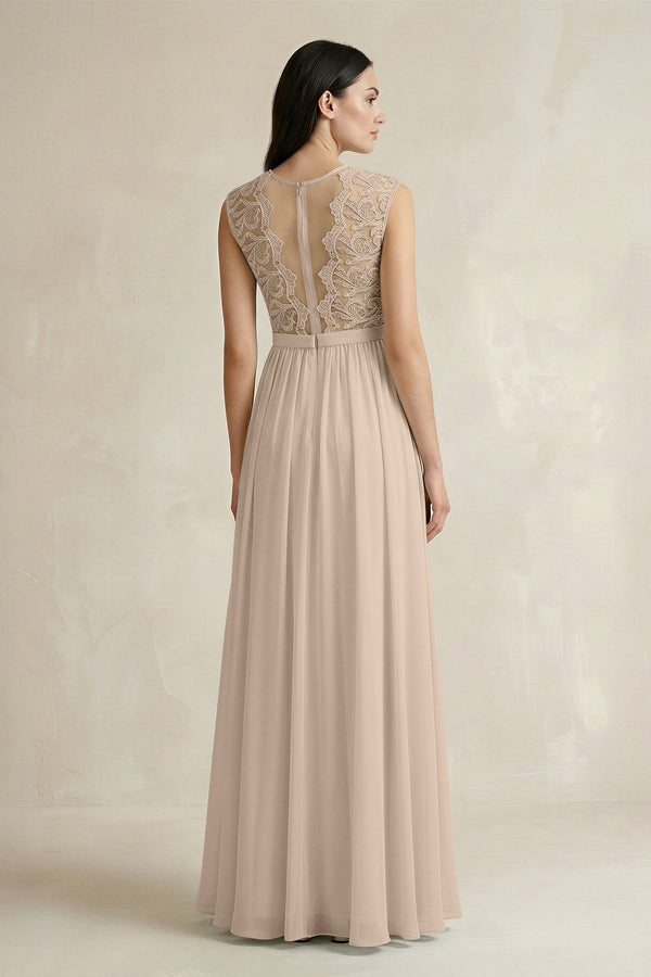 Lace Chiffon A - Line Round Neck Bridesmaid Dress in Almond - KissProm Bridesmaid Dresses