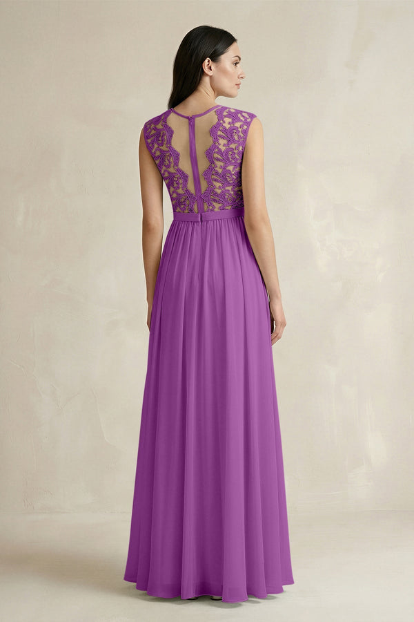 Lace Chiffon A - Line Round Neck Bridesmaid Dress in Amethyst - KissProm Bridesmaid Dresses