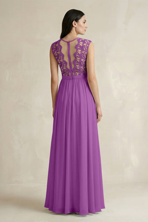 Lace Chiffon A - Line Round Neck Bridesmaid Dress in Amethyst - KissProm Bridesmaid Dresses