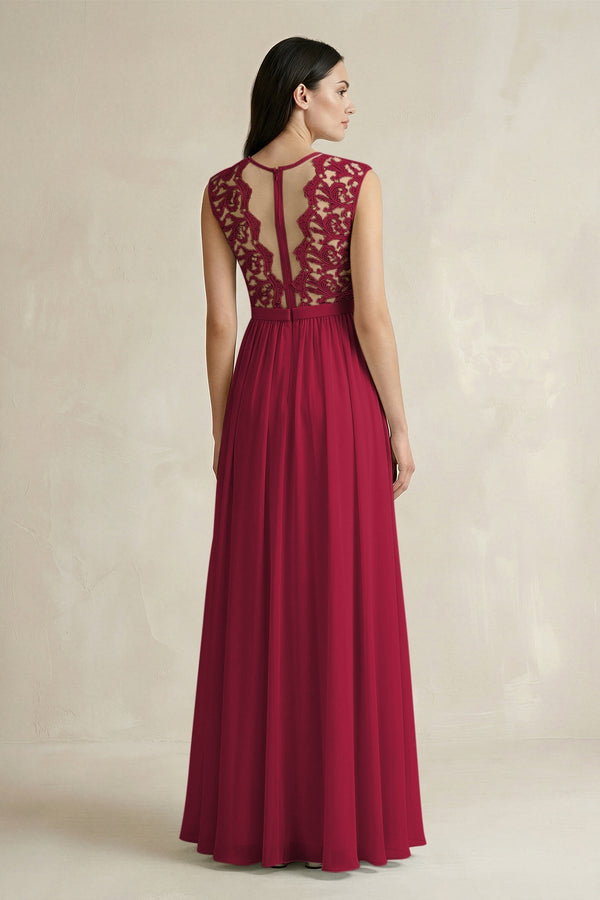 Lace Chiffon A - Line Round Neck Bridesmaid Dress in Berry - KissProm Bridesmaid Dresses