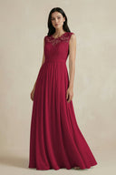 Lace Chiffon A - Line Round Neck Bridesmaid Dress in Berry - KissProm Bridesmaid Dresses