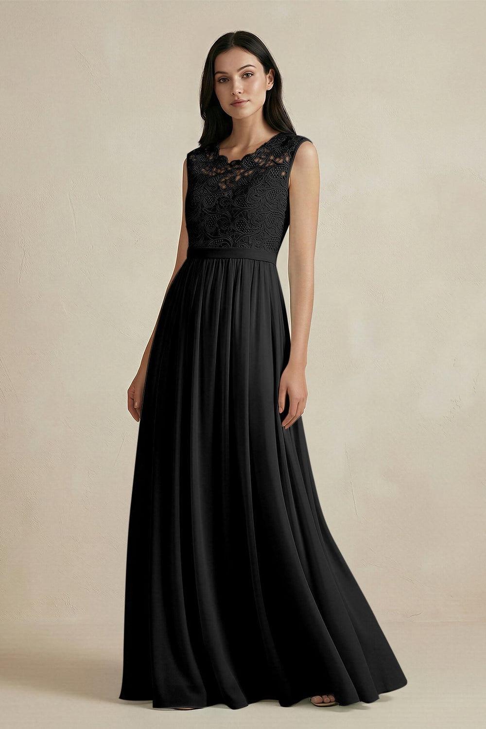 Lace Chiffon A - Line Round Neck Bridesmaid Dress in Black - KissProm Bridesmaid Dresses