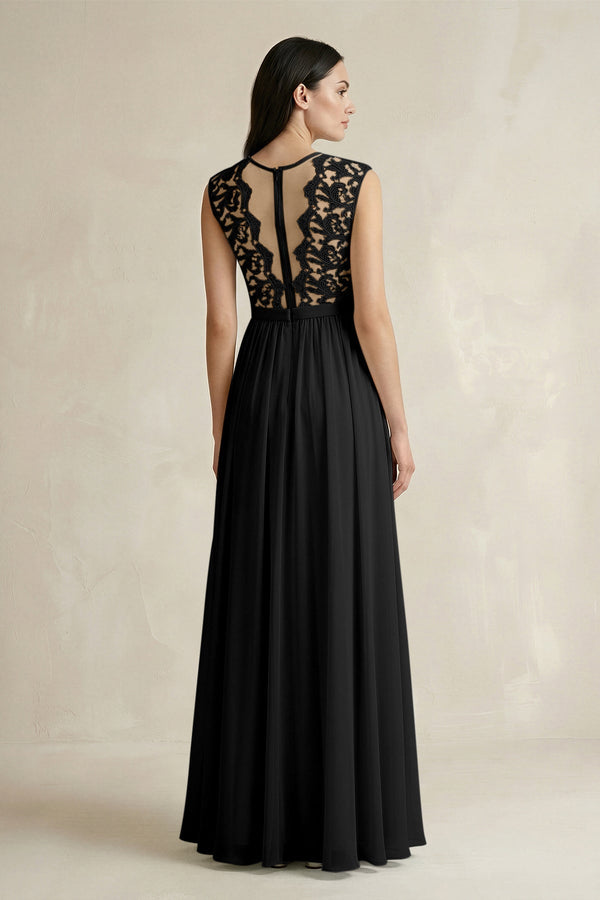 Lace Chiffon A - Line Round Neck Bridesmaid Dress in Black - KissProm Bridesmaid Dresses