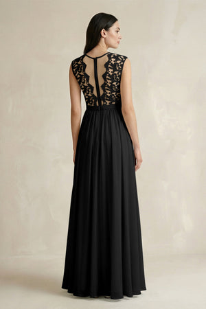 Lace Chiffon A - Line Round Neck Bridesmaid Dress in Black - KissProm Bridesmaid Dresses