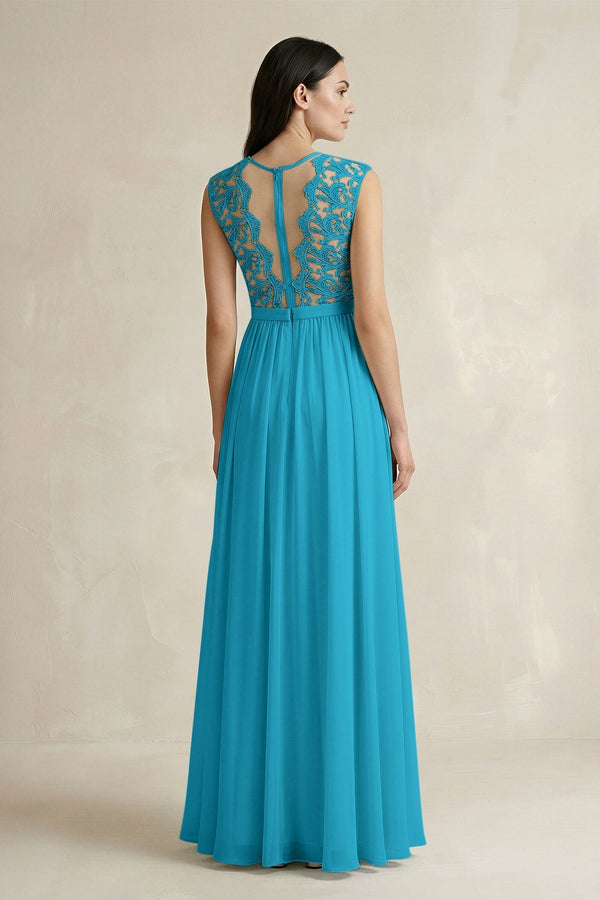Lace Chiffon A - Line Round Neck Bridesmaid Dress in Blue Jay - KissProm Bridesmaid Dresses