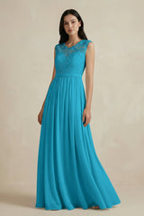Lace Chiffon A - Line Round Neck Bridesmaid Dress in Blue Jay - KissProm Bridesmaid Dresses
