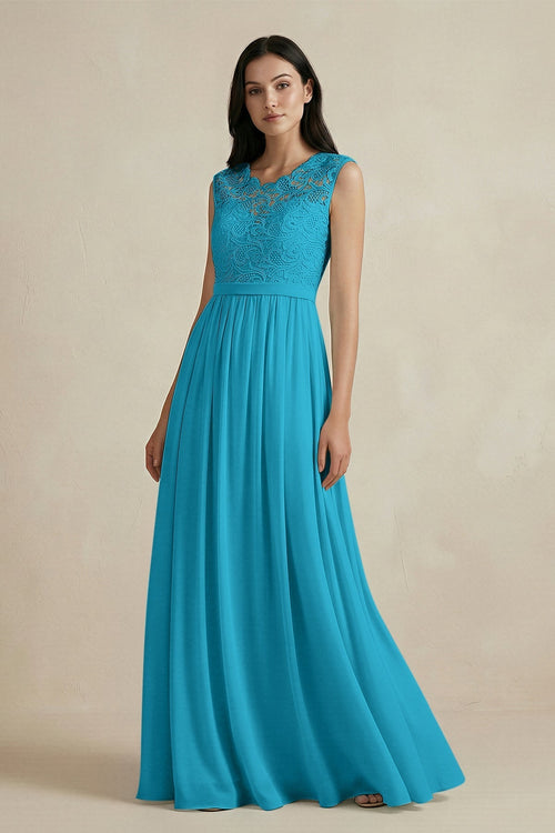 Lace Chiffon A - Line Round Neck Bridesmaid Dress in Blue Jay - KissProm Bridesmaid Dresses