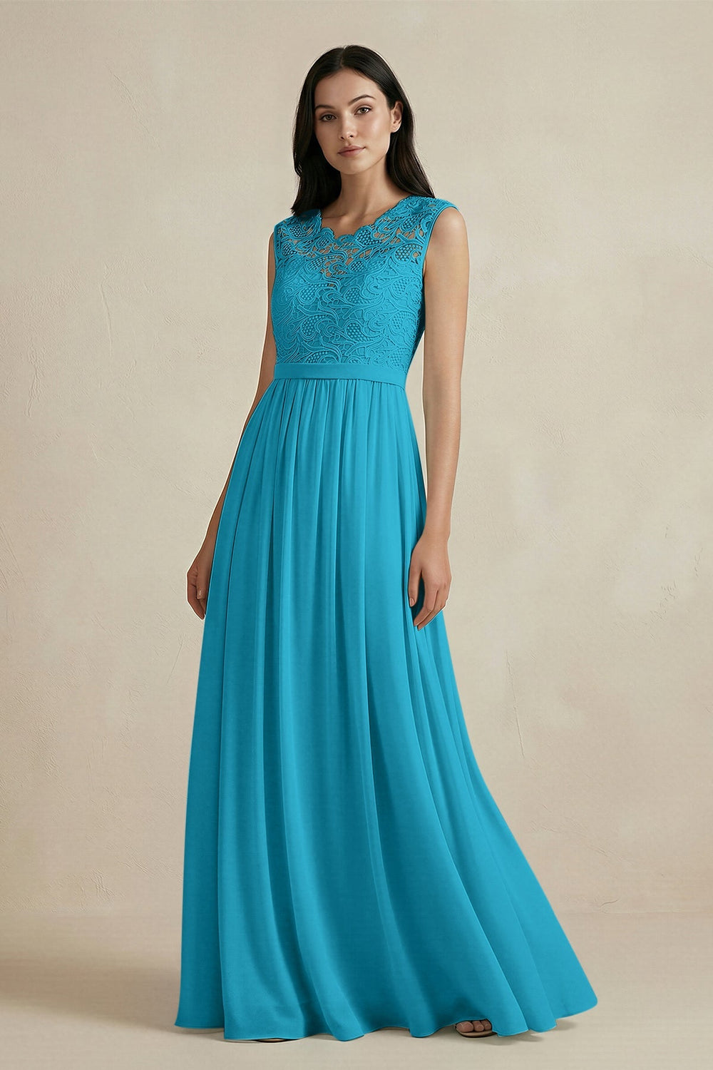 Lace Chiffon A - Line Round Neck Bridesmaid Dress in Blue Jay - KissProm Bridesmaid Dresses