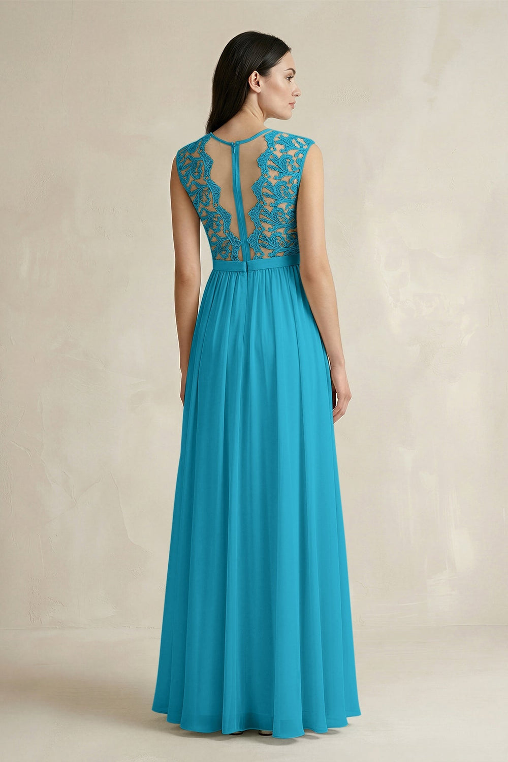 Lace Chiffon A - Line Round Neck Bridesmaid Dress in Blue Jay - KissProm Bridesmaid Dresses