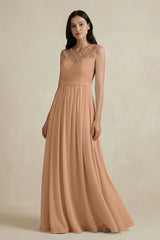 Lace Chiffon A - Line Round Neck Bridesmaid Dress in Bronzer - KissProm Bridesmaid Dresses