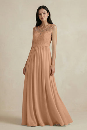 Lace Chiffon A - Line Round Neck Bridesmaid Dress in Bronzer - KissProm Bridesmaid Dresses